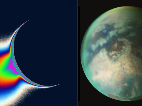 On the left, Saturn's moon Enceladus is backlit by the sun, showing the fountain-like sources of the fine spray of material that towers over the south polar region. On the right, is a composite image of Titan.