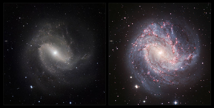 This image is a comparison of the view of the galaxy Messier 83 in visible and infrared light. The visible light image (right) was taken with the Wide Field Imager on the 2.2-metre MPG/ESO telescope at La Silla in Chile. The new infrared image (left) was taken with the HAWK-I instrument on the VLT at ESO’s Paranal Observatory. In the infrared, the dust that obscures many stars becomes nearly transparent, making the spiral arms less dramatic, but revealing a whole host of new stars that are otherwise invisible.