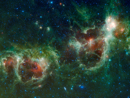 The Heart and Soul nebulae are seen in this infrared mosaic from NASA's Wide-field Infrared Survey Explorer, or WISE.