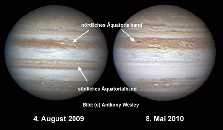 Jupiters verschwundenes Band Diese beiden Aufnahmen gelangen dem australischen Astrofotografen Anthony Wesley am 4. August 2009 und am 8. Mai 2010. Deutlich zu erkennen ist das „verschwundene“ südliche Äquatorialband in der späteren Aufnahme.