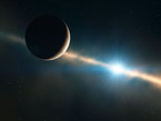 This artist’s impression shows how the planet inside the disc of Beta Pictoris may look. Only 12 million years old, or less than three-thousandths of the age of the Sun, Beta Pictoris is 75% more massive than our parent star. It is located about 60 light-years away towards the constellation of Pictor (the Painter) and is one of the best-known examples of a star surrounded by a dusty debris disc. Earlier observations showed a warp of the disc, a secondary inclined disc and comets falling onto the star, all indirect, but tell-tale signs that strongly suggested the presence of a massive planet. Observations done with the NACO instrument on ESO’s Very Large Telescope in 2003, 2008 and 2009, have proven the presence of a planet around Beta Pictoris. It is located at a distance between 8 and 15 times the Earth-Sun separation — or Astronomical Units — which is about the distance Saturn is from the Sun. The planet has a mass of about nine Jupiter masses and is right mass and location to explain the observed warp in the inner parts of the disc.
