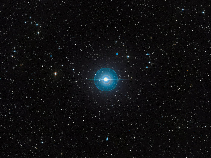 Only 12 million years old, or less than three-thousandths of the age of the Sun, Beta Pictoris is 75% more massive than our parent star. It is located about 60 light-years away towards the constellation of Pictor (the Painter) and is one of the best-known examples of a star surrounded by a dusty debris disc. Earlier observations showed a warp of the disc, a secondary inclined disc and comets falling onto the star, all indirect, but tell-tale signs that strongly suggested the presence of a massive planet. Observations done with the NACO instrument on ESO’s Very Large Telescope in 2003, 2008 and 2009, have proven the presence of a planet around Beta Pictoris. It is located at a distance between 8 and 15 times the Earth-Sun separation — or Astronomical Units — which is about the distance Saturn is from the Sun. The planet has a mass of about nine Jupiter masses and the right mass and location to explain the observed warp in the inner parts of the disc.

This image, based on data from the Digitized Sky Survey 2, shows a region of approximately 1.7 x 2.3 degrees around Beta Pictoris.