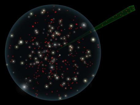 This artist's conception shows simulated data predicting the hundreds of failed stars, or brown dwarfs, that NASA's Wide-field Infrared Survey Explorer (WISE) is expected to add to the population of known stars in our solar neighborhood. Our sun and other known stars appear white, yellow or red. Predicted brown dwarfs are deep red.

The green pyramid represents the volume surveyed by NASA's Spitzer Space Telescope -- an infrared telescope designed to focus on targeted areas in depth, rather than to scan the whole sky as WISE is doing. Spitzer found 14 of the coolest known brown dwarfs in this region, which is one-fourtieth the volume that WISE is combing. Astronomers think WISE will find hundreds of these cool orbs within 25 light-years from the sun (a region marked by the blue sphere). 