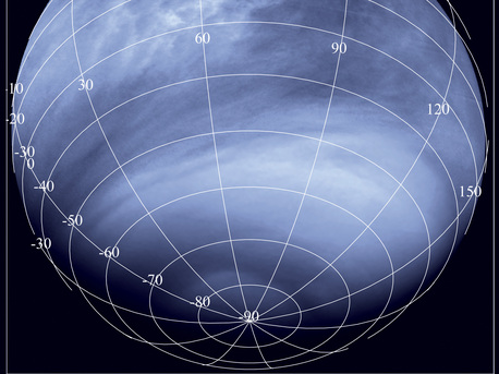 Venus Monitoring Camera image taken in the ultraviolet (0.365 micrometres), from a distance of about 30 000 km.

It shows numerous high-contrast features, caused by an unknown chemical in the clouds that absorbs ultraviolet light, creating the bright and dark zones.

With data from Venus Express, scientists have learnt that the equatorial areas on Venus that appear dark in ultraviolet light are regions of relatively high temperature, where intense convection brings up dark material from below. In contrast, the bright regions at mid-latitudes are areas where the temperature in the atmosphere decreases with depth. The temperature reaches a minimum at the cloud tops suppressing vertical mixing. This annulus of cold air, nicknamed the ‘cold collar’, appears as a bright band in the ultraviolet images.
