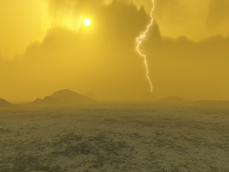 This artist’s concept of Venus, dated 2006, suggests the presence of lightning in the atmosphere.
