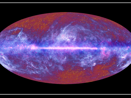This multi-frequency all-sky image of the microwave sky has been composed using data from Planck covering the electromagnetic spectrum from 30 GHz to 857 GHz.

The mottled structure of the CMBR, with its tiny temperature fluctuations reflecting the primordial density variations from which today’s cosmic structure originated, is clearly visible in the high-latitude regions of the map. The central band is the plane of our Galaxy. A large portion of the image is dominated by the diffuse emission from its gas and dust. The image was derived from data collected by Planck during its first all-sky survey and comes from observations taken between August 2009 and June 2010. This image is a low- resolution version of the full data set.

To the right of the main image, below the plane of the Galaxy, is a large cloud of gas in our Galaxy. The obvious arc of light surrounding it is Barnard’s Loop – the expanding bubble of an exploded star. Planck has seen whole other galaxies. The great spiral galaxy in Andromeda, 2.2 million light-years from Earth, appears as a sliver of microwave light, released by the coldest dust in its giant body. Other, more distant, galaxies with supermassive black holes appear as single points of microwaves dotting the image.

Planck was built for ESA by the Prime Contractor Thales Alenia Space (Cannes, France) with contributions from space industry drawn from ESA’s 18 Member States. Because of differing accounting procedures in the many bodies contributing, precise costings are impossible to give. However, the overall cost to ESA and its Member State institutions as well as cooperating agencies world- wide (including NASA and Canadian Space Agency) in round figures is 600M€ 