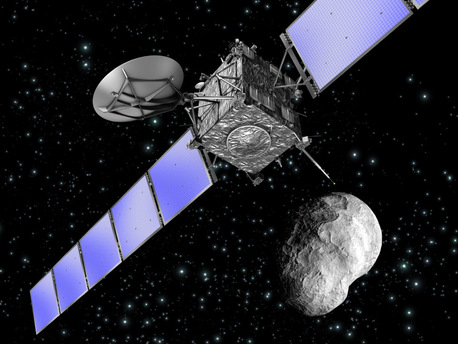 This artist's concept represents ESA's Rosetta spacecraft passing by an asteroid. On July 10, the Rosetta spacecraft will pass asteroid Lutetia at a minimum distance of 3,160 kilometers (1,950 miles) and a velocity of 15 kilometers (9 miles) per second. Rosetta will be the first spacecraft to visit an M-class (metal) asteroid.