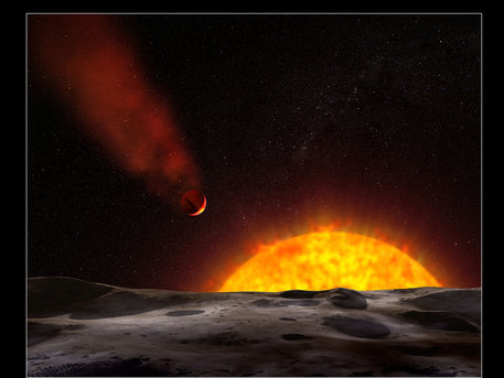 This artist's illustration shows a view of the gas giant planet HD 209458b, as seen from the surface of a hypothetical nearby companion object. The planet is orbiting so close to its sunlike star that its heated atmosphere is escaping into space. Spectroscopic observations by the new Cosmic Origins Spectrograph (COS) aboard the Hubble Space Telescope suggest that powerful stellar winds are sweeping the castoff material behind the scorched planet and shaping it into a comet-like tail.