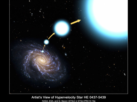 In this illustration, the hot, blue star HE 0437-5439 has been tossed out of the center of our Milky Way galaxy with enough speed to escape the galaxy's gravitational clutches. The stellar outcast is rocketing through the Milky Way's distant outskirts at 1.6 million miles an hour, high above the galaxy's disk, about 200,000 light-years from the center. The star is destined to roam intergalactic space.