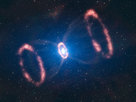 This artist’s impression of the material around a recently exploded star, known as Supernova 1987A (or SN 1987A), is based on observations which have for the first time revealed a three dimensional view of the distribution of the expelled material. The observations were made by astronomers using ESO’s Very Large Telescope. The original blast was not only powerful, according to the new results. It was also more concentrated in one particular direction. This is a strong indication that the supernova must have been very turbulent, supporting the most recent computer models. This image shows the different elements present in SN 1987A: two outer rings, one inner ring and the deformed, innermost expelled material.

Just how a supernova explodes is not very well understood, but the way the star exploded is imprinted on this inner material. The astronomers could deduce that this material was not ejected symmetrically in all directions, but rather seems to have had a preferred direction. Besides, this direction is different to what was expected from the position of the rings.
