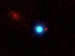 This unlabeled image of the first-ever foreground quasar (blue) lensing a background galaxy (red) was taken with the Keck II telescope and its NIRC-2 instrument using laser guide star adaptive optics. Discovering more of these lenses will allow astronomers to determine the masses of quasars’ host galaxies.