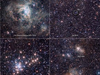 This composite image shows extracts from a near-infrared VISTA image of the spectacular 30 Doradus star-forming region, also called the Tarantula Nebula. This infrared image, made with ESO’s VISTA survey telescope, is from the VISTA Magellanic Cloud Survey. The project will scan a vast area — 184 square degrees of the sky (corresponding to almost one thousand times the apparent area of the full Moon), including our nearby neighbouring galaxies the Large and Small Magellanic Clouds.