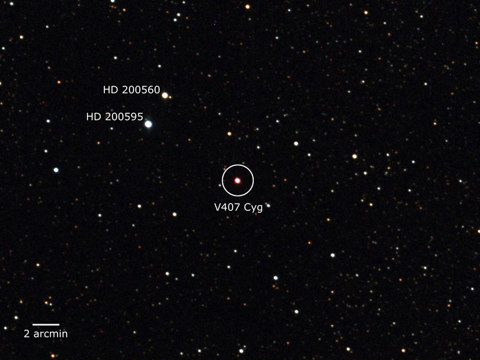 This image from Steve O'Connor in St. Georges, Bermuda, shows the nova (red star, center) on March 17, about a week into the eruption.