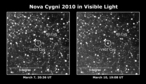 Japanese amateur astronomers discovered Nova Cygni 2010 in an image taken at 19:08 UT on March 10 (4:08 a.m. Japan Standard Time, March 11). The erupting star (circled) was 10 times brighter than in an image taken several days earlier. The nova reached a peak brightness of magnitude 6.9, just below the threshold of naked-eye visibility. 