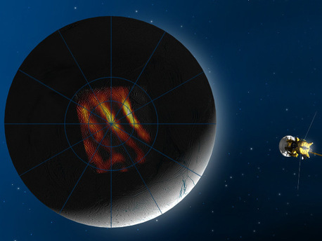 Artist's concept of Cassini's flyby of Enceladus. Artist's concept of Cassini's flyby of Enceladus.