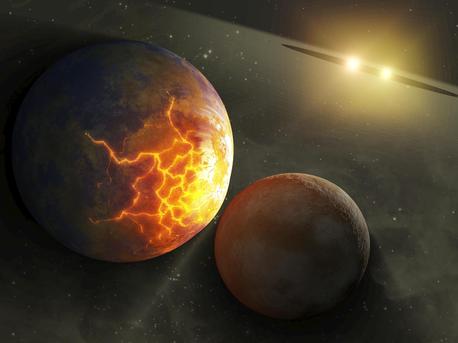 This artist's concept illustrates an imminent planetary collision around a pair of double stars. NASA's Spitzer Space Telescope found evidence that such collisions could be common around a certain type of tight double, or binary, star system, referred to as RS Canum Venaticorums or RS CVns for short. The stars are similar to the sun in age and mass, but they orbit tightly around each other. With time, they are thought to get closer and closer, until their gravitational influences change, throwing the orbits of planetary bodies circling around them out of whack.

Astronomers say that these types of systems could theoretically host habitable planets, or planets that orbit at the right distance from the star pairs to have temperatures that allow liquid water to exist. If so, then these worlds might not be so lucky. They might ultimately be destroyed in collisions like the impending one illustrated here, in which the larger body has begun to crack under the tidal stresses caused by the gravity of the approaching smaller one.

Spitzer's infrared vision spotted dusty evidence for such collisions around three tight star pairs. In this artist concept's, dust from ongoing planetary collisions is shown circling the stellar duo in a giant disk. 