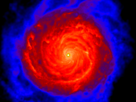 100000 Jahre später ist eine dichte Scheibe entstanden mit einer supermassiven Wolke im Zentrum.