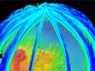 The Mars Climate Sounder instrument on NASA's Mars Reconnaissance Orbiter maps the vertical distribution of temperatures, dust, water vapor and ice clouds in the Martian atmosphere as the orbiter flies a near-polar orbit.

This example of data from the instrument shows 13 orbits of nighttime temperatures at altitudes of zero to 80 kilometers (50 miles) above the surface, presented as curtains along the orbital track. Temperatures range from 120 Kelvin (minus 244 degrees Fahrenheit), coded purple, to 200 Kelvin (minus 100 degrees Fahrenheit), coded green.

The data are from March 1, 2008, which was during early spring on northern Mars. The globe of Mars depicted under the curtains is a Google Earth product using elevation data from the Mars Orbiter Laser Altimeter on NASA's Mars Global Surveyor.

The ExoMars Climate Sounder, selected in August 2010 as part of the science payload for the 2016 ExoMars Trace Gas Orbiter mission, will resemble the Mars Climate Sounder and provide similar types of data sets. The 2016 mission is a collaboration of the European Space Agency and NASA.