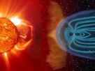 Esta imagen compuesta muestra una imagen de SOHO del Sol y la impresión artística de la magnetosfera de la Tierra.