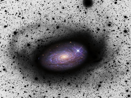 Sternströme um die Spiralgalaxie M 63: Überreste einer kleineren Satellitengalaxie, die sich M 63 einverleibt hat. In der Bildmitte ein herkömmliches positives Bild; die äußeren Regionen sind als Bildnegativ gezeigt, damit die schwach leuchtenden Strukturen, nach denen in dieser Durchmusterung gesucht wurde, klarer hervortreten. M 63 ist rund 30 Millionen Lichtjahre von der Erde entfernt. Mit dieser Durchmusterung ist es erstmals gelungen, Spiralgalaxien, die sich kleinere Satellitengalaxien einverleiben, jenseits unserer »lokalen Gruppe« von Galaxien nachzuweisen.