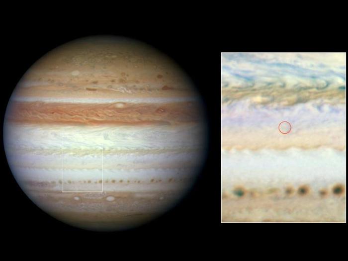 Detailed observations made by the Hubble Space Telescope have found an answer to the flash of light seen June 3, 2010, on Jupiter. It came from a giant meteor burning up high above Jupiter's cloud tops. The space visitor did not plunge deep enough into the atmosphere to explode and leave behind any telltale cloud of debris, as seen in previous Jupiter collisions.

Hubble's sharp vision and ultraviolet sensitivity were brought to bear on seeking out any trace evidence of the aftermath of the cosmic collision (right inset). Images taken on June 7, 2010, show no sign of dark debris above Jupiter's cloud tops. This means that the object didn't descend beneath the clouds and explode as a fireball. If it had, dark sooty blast debris would have been ejected and subsequently would have settled down onto the cloud tops.

Australian amateur astronomer Anthony Wesley saw the flash at 4:31 p.m. (EDT) on June 3. He was watching a live video feed of Jupiter from his telescope. In the Philippines, amateur astronomer Christopher Go confirmed that he had simultaneously recorded the transitory event on video.

This natural color photo was taken in visible light with Hubble's Wide Field Camera 3. 