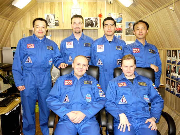 Whole Mars500 crew in portrait, September 2010: (clockwise from top left) Sukhrob Kamolov, Romain Charles, Diego Urbina, Yue Wang, Alexandr Smoleevskiy and Alexey Sitev.