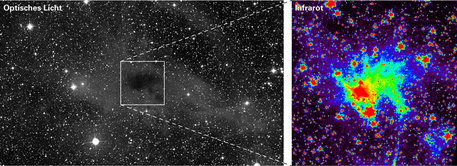 Die Molekülwolke CB 244 im Sternbild Cepheus, rund 650 Lichtjahre von der Erde entfernt. Die Strahlung der Milchstraße wird von den Molekülwolken unterschiedlich gestreut: optisches Licht vor allem von kleinen Staubteilchen in den Außenbereichen, Licht aus dem mittleren Infrarot an den größeren Staubteilchen im Wolkeninnern. Letzteres ist der in dem Falschfarbenbild (rechts) dargestellte, neu entdeckte Kernschein.