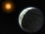 Diese künstlerische Darstellung zeigt die innersten vier Planeten des Systems Gliese 581 sowie deren Heimatstern - ein 20 Lichtjahre entfernter, roter Zwergstern. Der Planet im Vordergrund ist der neu entdeckte Gliese 581g - ein erdähnlicher Felsplanet, der Gliese 581 in einer Zone umkreist, die die Entstehung von Leben auf dem Planeten zulässt.