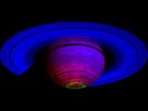 This false-color composite image, constructed from data obtained by NASA's Cassini spacecraft, shows the glow of auroras streaking out about 1,000 kilometers (600 miles) from the cloud tops of Saturn's south polar region. It is among the first images released from a study that identifies images showing auroral emissions out of the entire catalogue of images taken by Cassini's visual and infrared mapping spectrometer. 