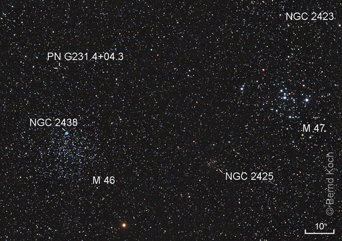 M 46, M 47 & Co.: Sternhaufen und Nebel „zu hauf“ im Hinterdeck. Aufnahme am 23.1.2006 mit Astro-Physics EDF-S 130mm f/6 und Fokalreduktor bei 650mm Brennweite. Zur Reduktion irdischer Lichtverschmutzung wurde ein IDAS LPS-P2-Filter verwendet. Kamera: Modifizierte Canon EOS 5D mit internem Dunkelbildabzug, Empfindlichkeit ISO 800, Belichtung 3 x 300s = 15 min. Ort: Sörth/Westerwald. Stacking mit Software DeepSkyStacker. Bearbeitung mit Fitswork und Photoshop. Foto: Bernd Koch
