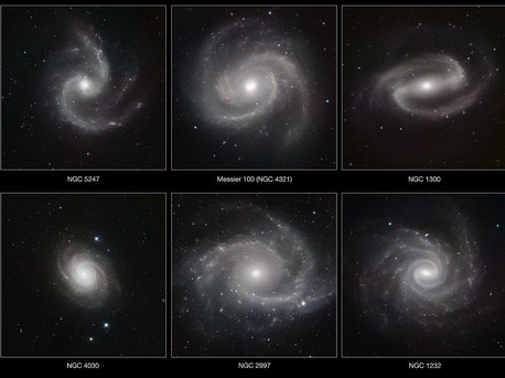 Six spectacular spiral galaxies are seen in a clear new light in pictures from ESO’s Very Large Telescope (VLT) at the Paranal Observatory in Chile. The pictures were taken in infrared light, using the impressive power of the HAWK-I camera to help astronomers understand how the remarkable spiral patterns in galaxies form and evolve. From left to right the galaxies are NGC 5247, Messier 100 (NGC 4321), NGC 1300, NGC 4030, NGC 2997 and NGC 1232.
