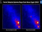Fermi's Large Area Telescope saw no sign of a nova in 19 days of data prior to March 10 (left), but the eruption is obvious in data from the following 19 days (right). The images show the rate of gamma rays with energies greater than 100 million electron volts (100 MeV); brighter colors indicate higher rates.