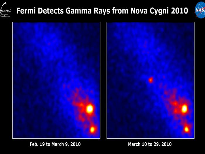 Fermi's Large Area Telescope saw no sign of a nova in 19 days of data prior to March 10 (left), but the eruption is obvious in data from the following 19 days (right). The images show the rate of gamma rays with energies greater than 100 million electron volts (100 MeV); brighter colors indicate higher rates.