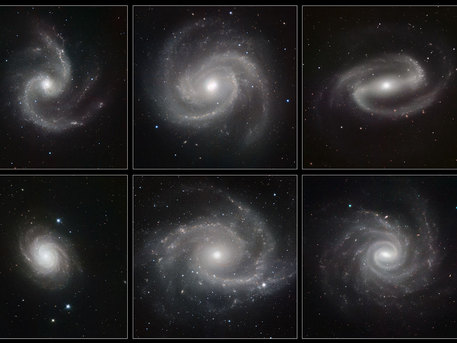 Six galaxies spirales NGC 5247, Messier 100 (NGC 4321), NGC 1300, NGC 4030, NGC 2997 and NGC 1232.