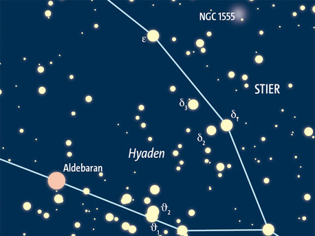 Beobachtungstipp Februar 2011 Die Hyaden mit Aldebaran, dem Doppelstern Theta Tauri und Hins Nebel (NGC 1555).