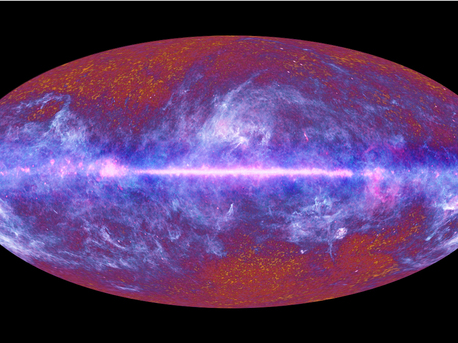 This multi-frequency all-sky image of the microwave sky has been composed using data from Planck covering the electromagnetic spectrum from 30 GHz to 857 GHz.

The mottled structure of the CMBR, with its tiny temperature fluctuations reflecting the primordial density variations from which today’s cosmic structure originated, is clearly visible in the high-latitude regions of the map. The central band is the plane of our Galaxy. A large portion of the image is dominated by the diffuse emission from its gas and dust. The image was derived from data collected by Planck during its first all-sky survey and comes from observations taken between August 2009 and June 2010. This image is a low- resolution version of the full data set.

To the right of the main image, below the plane of the Galaxy, is a large cloud of gas in our Galaxy. The obvious arc of light surrounding it is Barnard’s Loop – the expanding bubble of an exploded star. Planck has seen whole other galaxies. The great spiral galaxy in Andromeda, 2.2 million light-years from Earth, appears as a sliver of microwave light, released by the coldest dust in its giant body. Other, more distant, galaxies with supermassive black holes appear as single points of microwaves dotting the image.

Planck was built for ESA by the Prime Contractor Thales Alenia Space (Cannes, France) with contributions from space industry drawn from ESA’s 18 Member States. Because of differing accounting procedures in the many bodies contributing, precise costings are impossible to give. However, the overall cost to ESA and its Member State institutions as well as cooperating agencies world- wide (including NASA and Canadian Space Agency) in round figures is 600M€

