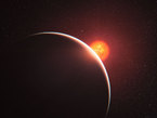 This artist’s impression shows the super-Earth exoplanet orbiting the nearby star GJ 1214. It is the first super-Earth to have its atmosphere analysed. The exoplanet, orbiting a small star only 40 light-years away from us, has a mass about six times that of the Earth. The planet, GJ 1214b appears to be surrounded by an atmosphere that is either dominated by steam or blanketed by thick clouds or hazes. The planet appears as a large crescent in the foreground with its red parent star behind.