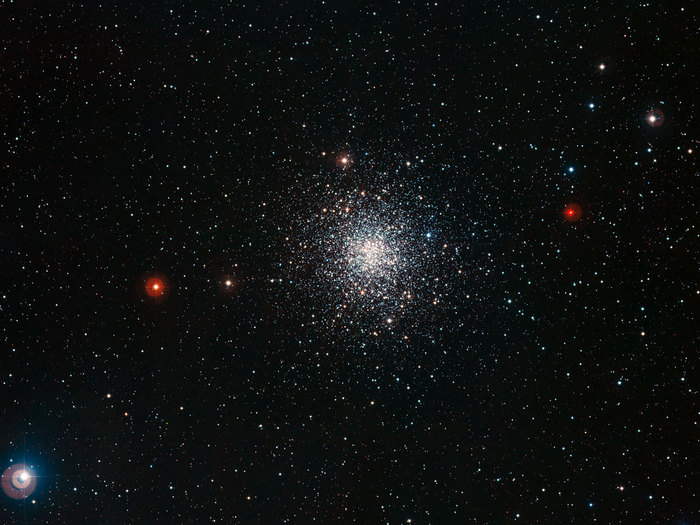 The globular cluster Messier 107, also known as NGC 6171, is located about 21 000 light-years away in the constellation of Ophiuchus. Messier 107 is about 13 arcminutes across, which corresponds to about 80 light-years at its distance. As is typical of globular clusters, a population of thousands of old stars in Messier 107 is densely concentrated into a volume that is only about twenty times the distance between our Sun and its nearest stellar neighbour, Alpha Centauri, across. This image was created from exposures taken through blue, green and near-infrared filters, using the Wide Field Imager (WFI) on the MPG/ESO 2.2-metre telescope at La Silla Observatory, Chile.