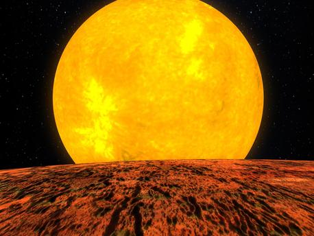 Artist's concept of the first rocky world discovered by NASA's Kepler mission. The planet, called Kepler 10-b, is shown in front of its host star.