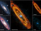 The Andromeda Galaxy is our nearest large galactic neighbour, containing several hundred billion stars. Combined, these images show all stages of the stellar life cycle. The infrared image from Herschel shows areas of cool dust that trace reservoirs of gas in which forming stars are embedded. The optical image shows adult stars. XMM-Newton’s X-ray image shows the violent endpoints of stellar evolution, in which individual stars explode or pairs of stars pull each other to pieces.