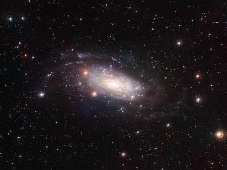 La galaxie lumineuse NGC 3621, ici prise en photo avec la caméra WFI (Wide Field Camera) au télescope de 2,2 mètres de l’Observatoire de La Silla de l’ESO au Chili, semble être un parfait exemple de galaxie spirale. Mais en fait elle est plutôt peu commune : elle n’a pas de bulbe central et est par conséquent décrite comme une galaxie à disque pur.