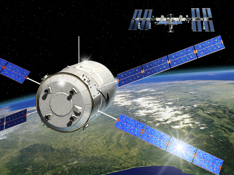Artist's impression of the Automated Transfer Vehicle Johannes Kepler approaching the International Space Station. 