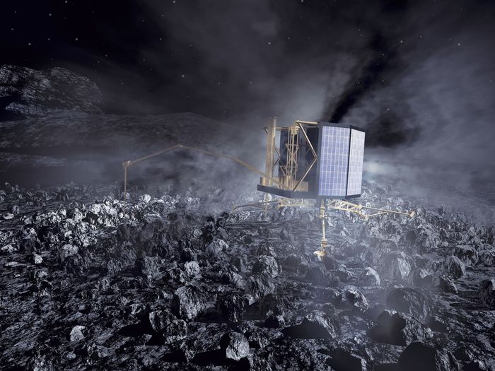 The Philae lander at work on Comet 67P/Churyumov-Gerasimenko. While Rosetta studies the comet from close orbit, Philae will obtain measurements from the surface.

Immediately after touchdown in November 2014, a harpoon will be fired to anchor the lander and prevent it from escaping the comet’s extremely weak gravity. The minimum targeted mission time for Philae is one week, but surface operations may continue for many months. The measurements from the Rosetta orbiter will last from August 2014 to the end of 2015. 