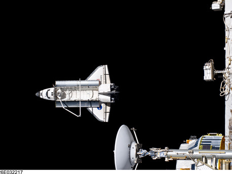 Backdropped against the blackness of space, Discovery is seen from the International Space Station as the two orbital spacecraft accomplish their relative separation on 7 March 2011 after an aggregate of 12 astronauts and cosmonauts worked together for over a week. During a post undocking fly-around, the crew members aboard the two spacecraft collected a series of photos of each other's vehicle.