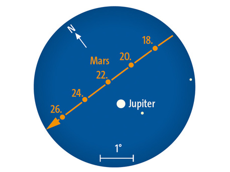 Der rötiche Mars zieht am 22. Juli morgens am Riesenplaneten Jupiter vorbei. Fernglasanblick bei5° Gesichtsfelddurchmesser.