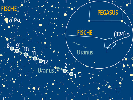 Scheinbare Bahn des Planeten Uranus im Sternbild Fische. Die Zahlen geben die Position des Planten zum jeweiligen Monatsbeginn (10 = 1. Oktober) an. In der Übersicht ist zudem die Bahn des Kleinplaneten (324) Bamberga zu sehen.