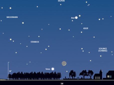 Anblick des Südwesthimmels am 5. Dezember gegen 18 Uhr MEZ. Die zunehmende Mondsichel zieht an der strahlend hellen Venus vorbei.