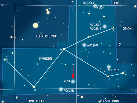 M50 ist ein weniger bekannter offener Sternhaufen. Er liegt im Sternbild Einhorn.