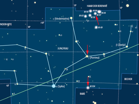 Die Jungfrau mit den Positionen der Galaxien M87 und M104 sowie dem Doppelstern Gamma Virginis (Porrima)