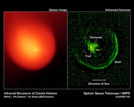 Infrarotaufnahmen des Weltraumteleskops Spitzer zeigen Strukturen in der Koma mit hoher Detailschärfe.